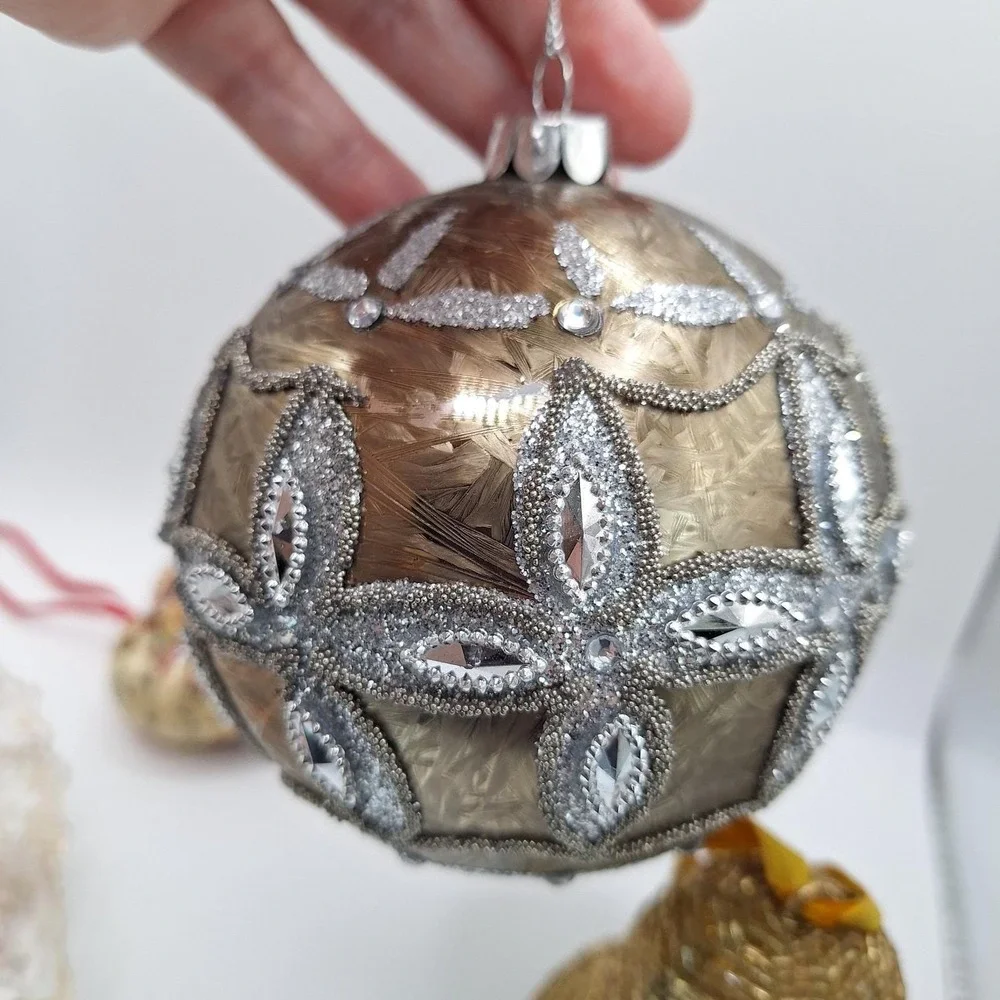 Lot of 4 Vintage Ornaments Beaded Bel1 Fabric Handmade Heart Decoupage Heart